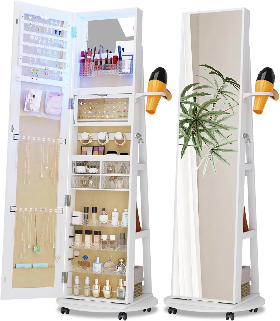 360° Rotating Jewelry Armoire Organizer with Lights, Lockable Mirror Jewelry Cabinet Standing, Jewelry Mirror Cabinet for Gifts(White)
360° Rotating Jewelry Armoire Organizer with Lights, Lockable Mirror Jewelry Cabinet Standing, Jewelry Mirror Cabinet for Gifts(White)