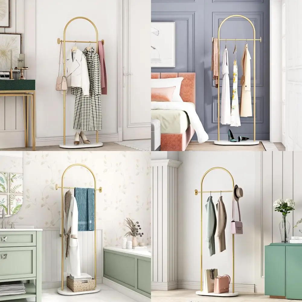 Modern Gold Freestanding Clothes Rack with Shelves, Marble Base, Coat Hanger, and Umbrella Holder
Modern Gold Freestanding Clothes Rack with Shelves, Marble Base, Coat Hanger, and Umbrella Holder