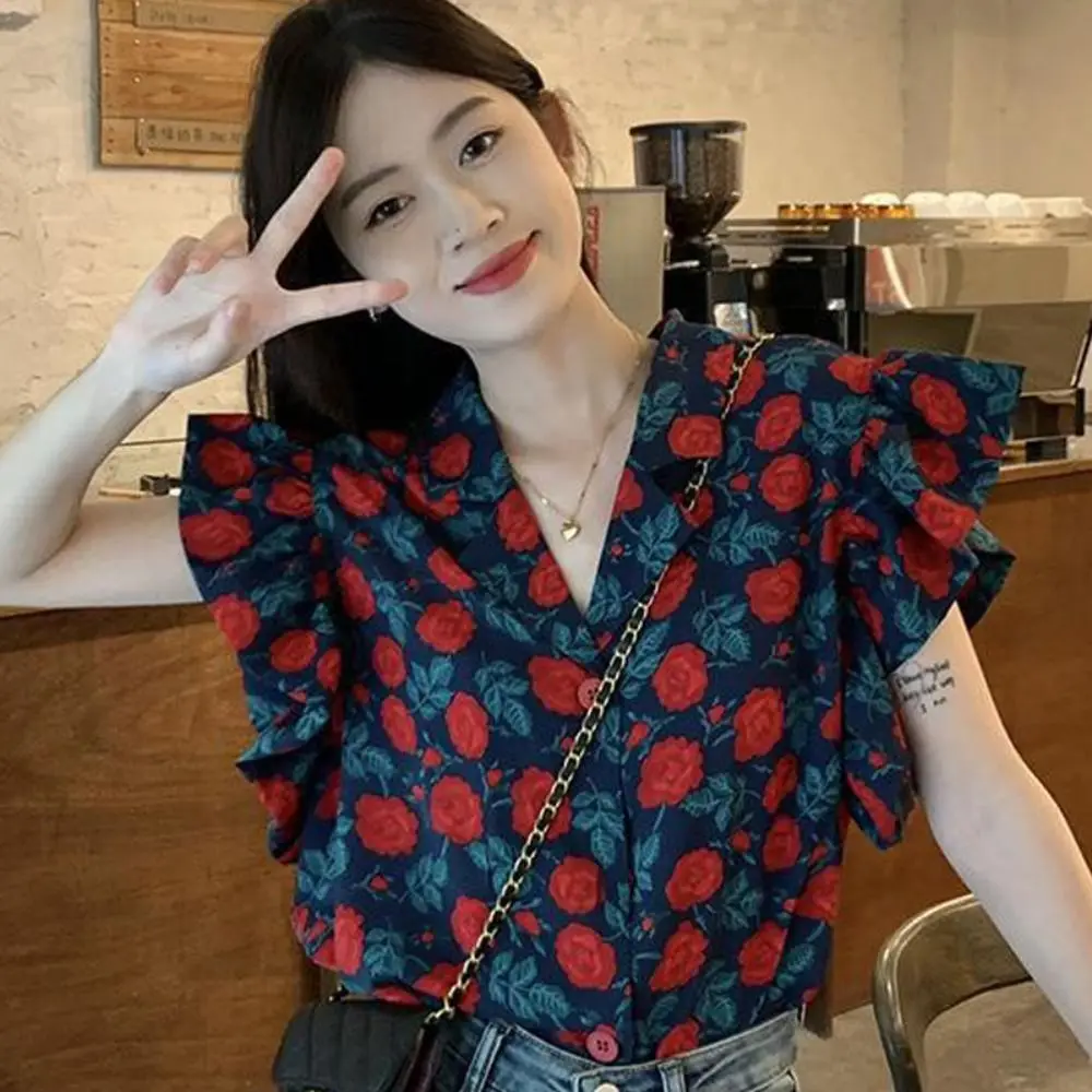 Casual Turn-down Collar Women Flower Blouse Red Rose Spring Summer Ruffle Sleeve Shirt Button Up Blusas Tops
Casual Turn-down Collar Women Flower Blouse Red Rose Spring Summer Ruffle Sleeve Shirt Button Up Blusas Tops