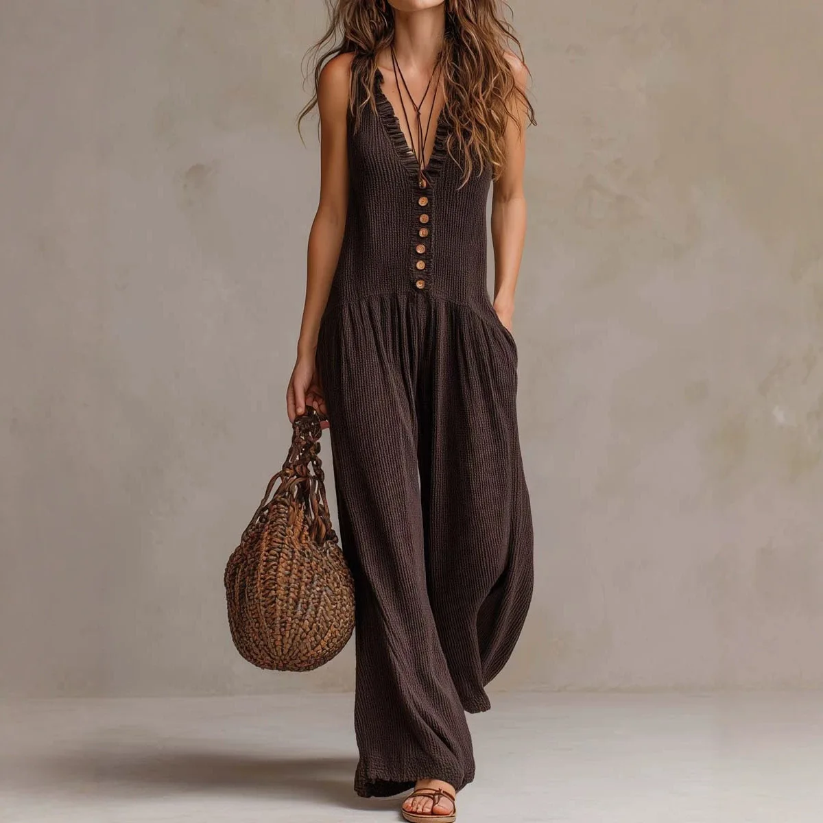 Loose Spring Summer Jumpsuit Solid Color Fashionable Casual Elegant Resort Style Knitted Sleeveless V-neck Long Wide Jumpsuit
Loose Spring Summer Jumpsuit Solid Color Fashionable Casual Elegant Resort Style Knitted Sleeveless V-neck Long Wide Jumpsuit