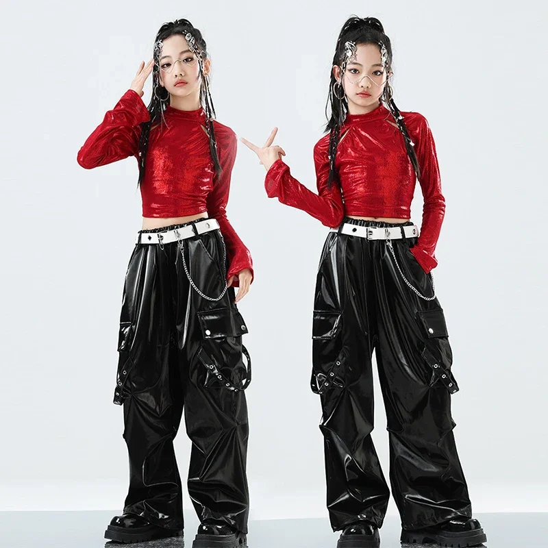 Jazz Dance Performance Wear Girl Kpop Stage Outfit Red Tops Black Leather Pants Kid Model Show Fashion Street Dance Clothes
Jazz Dance Performance Wear Girl Kpop Stage Outfit Red Tops Black Leather Pants Kid Model Show Fashion Street Dance Clothes