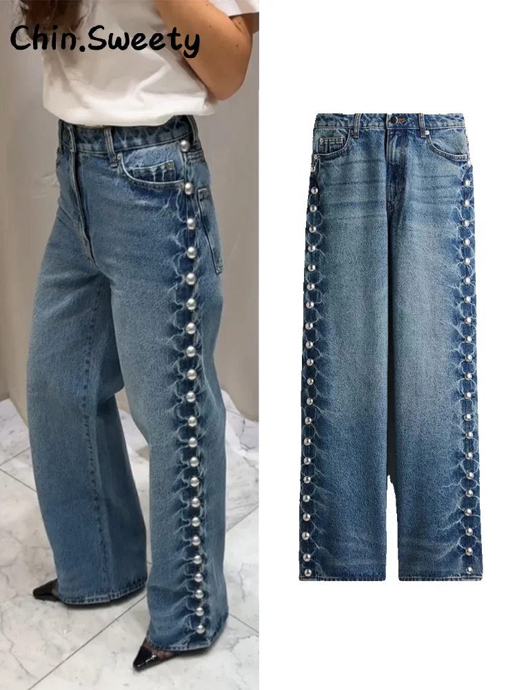 Fashion Women's Beaded Straight Pants Baggy High Waist Zipper Pockets All-match Trousers Female 2025 Spring Y2k Lady Streetwears 
Fashion Women's Beaded Straight Pants Baggy High Waist Zipper Pockets All-match Trousers Female 2025 Spring Y2k Lady Streetwears
