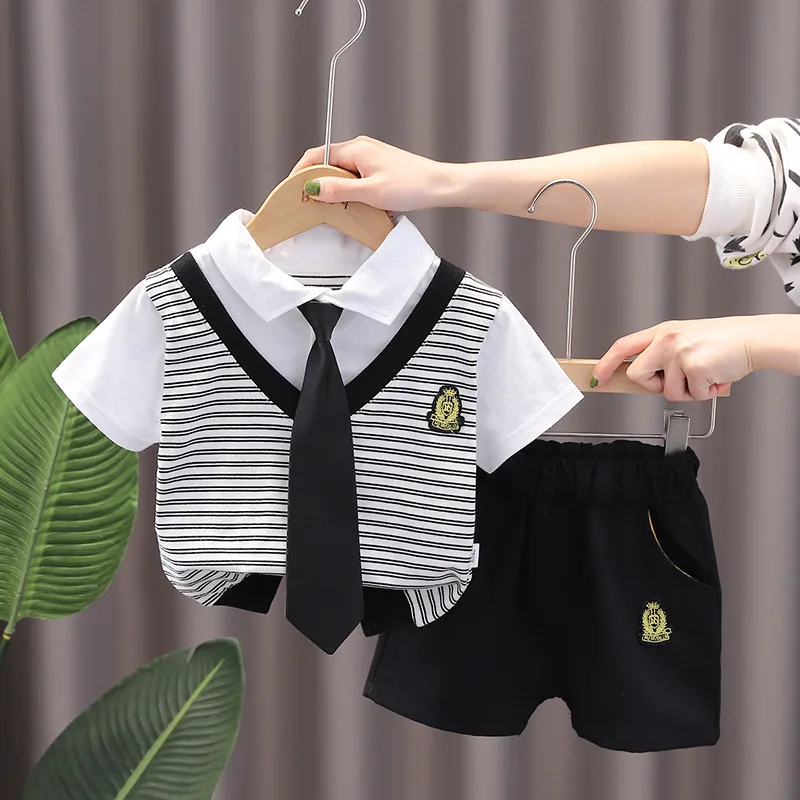 Baby Boy Summer Suit2024New Children's Handsome Boys' Summer Tie Striped Short Sleeve Two-Piece Set
Baby Boy Summer Suit2024New Children's Handsome Boys' Summer Tie Striped Short Sleeve Two-Piece Set