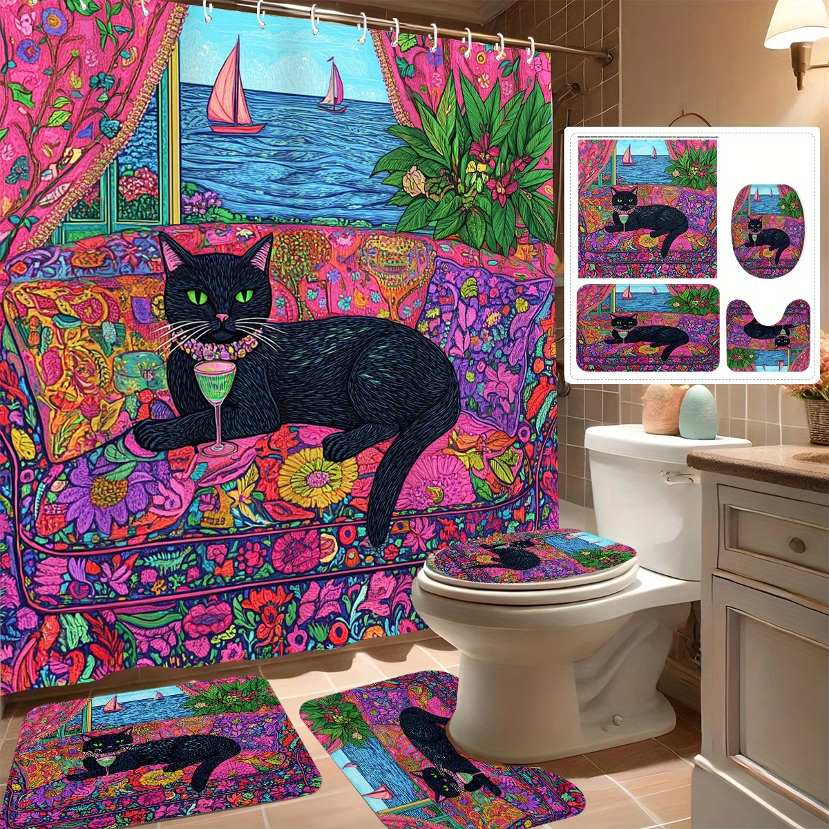 Набор из 4 занавесок для душа, дизайн мечтательного черного кота и парусника, современный декор для ванной комнаты, в комплект входит 12 крючков, нескользящий коврик для ванной
Набор из 4 занавесок для душа, дизайн мечтательного черного кота и парусника, современный декор для ванной комнаты, в комплект входит 12 крючков, нескользящий коврик для ванной