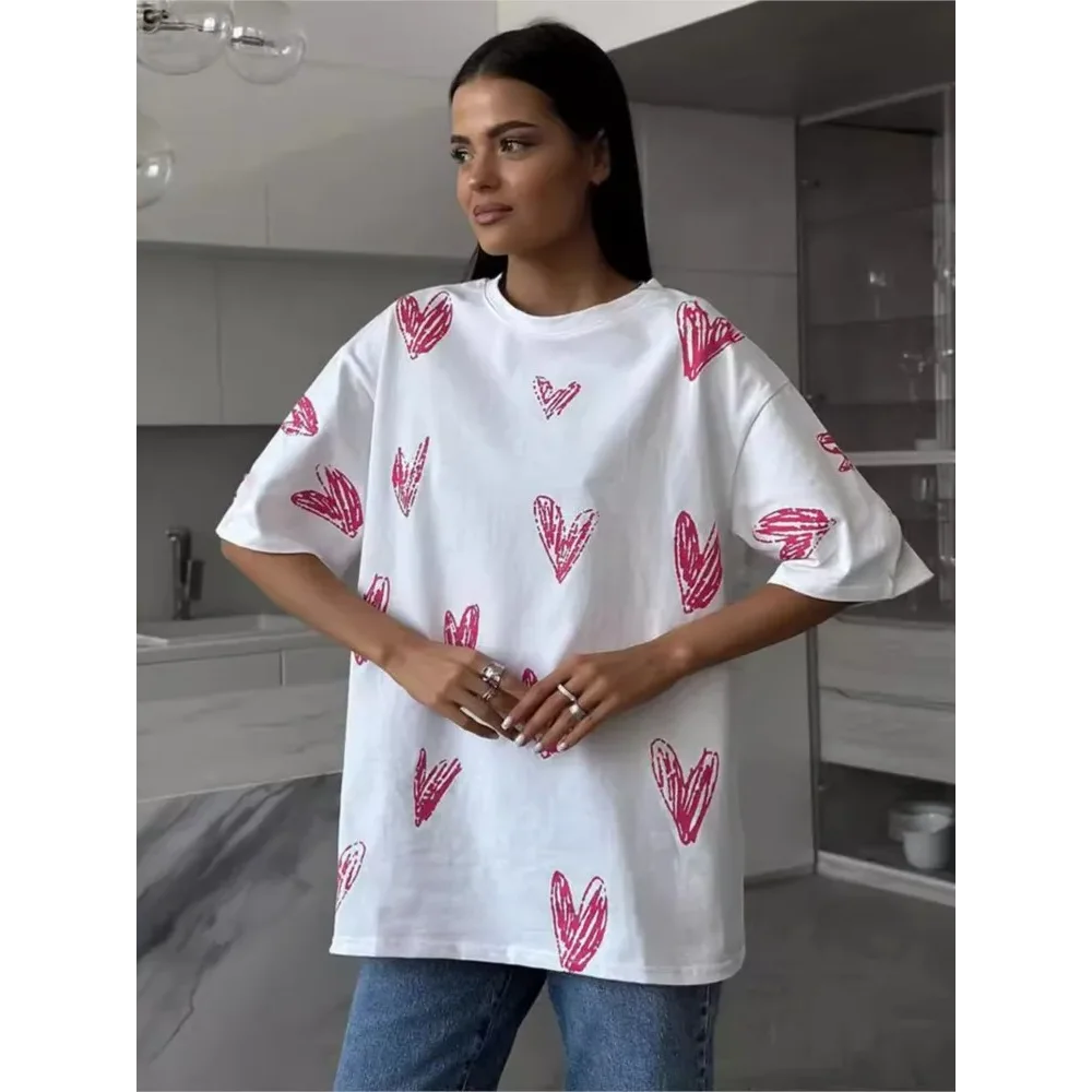 Casual Women's T-shirt With Heart Love Print Spring Summer Loose O-Neck Short Sleeve Top T-shirts For Women Streetwear
Casual Women's T-shirt With Heart Love Print Spring Summer Loose O-Neck Short Sleeve Top T-shirts For Women Streetwear