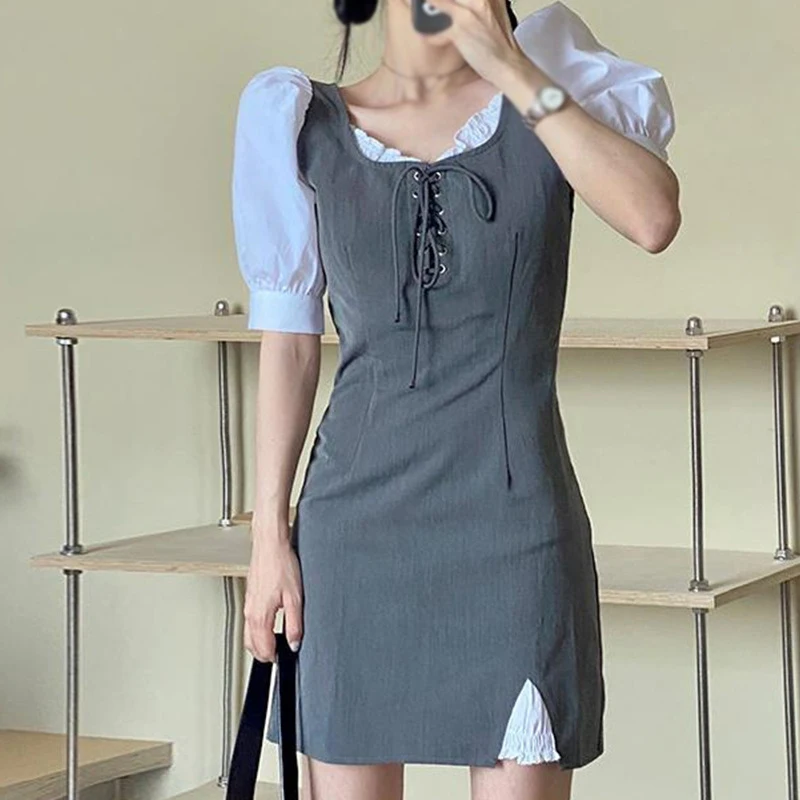 Women's Slim Fitting Fashionable Slimming Chest Strap Fake Two Pieces Korean Dress Bubble Sleeved Short Sleeved
Women's Slim Fitting Fashionable Slimming Chest Strap Fake Two Pieces Korean Dress Bubble Sleeved Short Sleeved