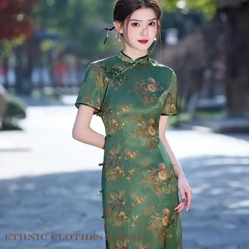 Elegant Classic Female Qipao Traditional Chinese Long Cheongsam Summer Short Sleeve Silk Satin Lady Dress Print Flower Vestidos
Elegant Classic Female Qipao Traditional Chinese Long Cheongsam Summer Short Sleeve Silk Satin Lady Dress Print Flower Vestidos