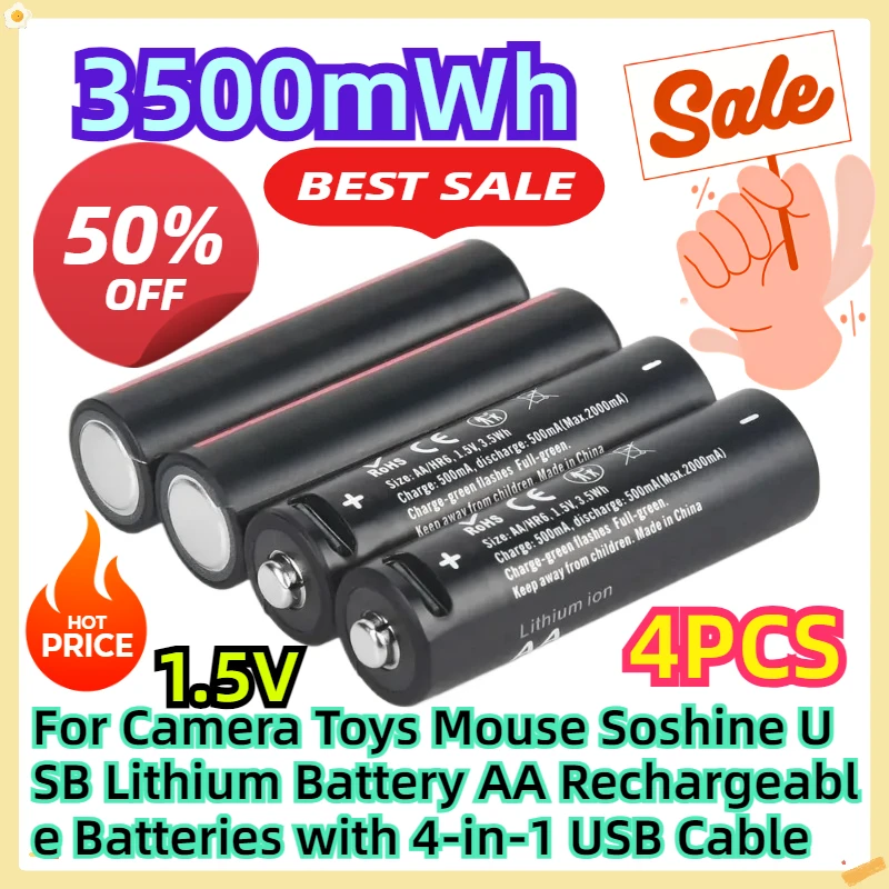 For Camera Toys Mouse Soshine 1.5V 3500mWh USB Lithium Battery AA Rechargeable Batteries with 4-in-1 USB Cable 4pcs
For Camera Toys Mouse Soshine 1.5V 3500mWh USB Lithium Battery AA Rechargeable Batteries with 4-in-1 USB Cable 4pcs
