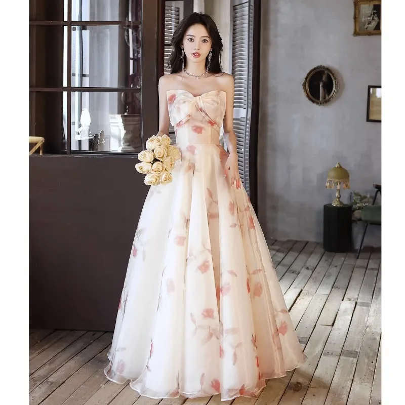 Bow Strapless Ball Gown for Women French Style Floral Print Backless Floor Length Princess Dress Sweet Summer Evening Dresses
Bow Strapless Ball Gown for Women French Style Floral Print Backless Floor Length Princess Dress Sweet Summer Evening Dresses