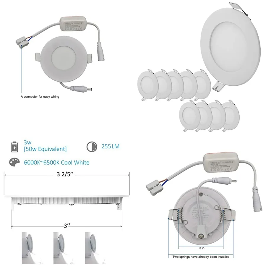 3 Inch 3 Watt Ultra-Thin Recessed Ceiling Light, 255Lm Energy Saving LED Slim Round Downlight, 6000K~6500K Cold White, Pack of
3 Inch 3 Watt Ultra-Thin Recessed Ceiling Light, 255Lm Energy Saving LED Slim Round Downlight, 6000K~6500K Cold White, Pack of