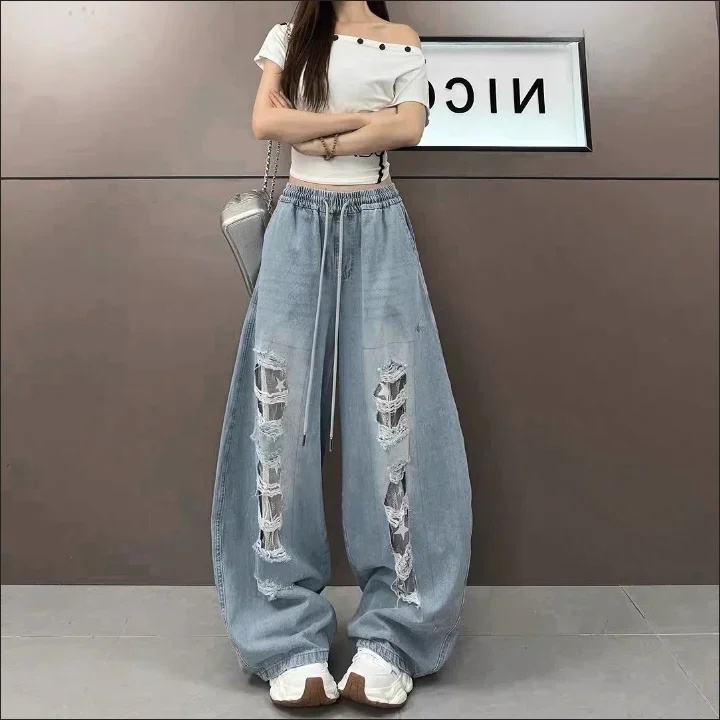 Blue Distressed Vintage Lace Patchwork Ripped Jeans Women Streetwear Y2k American Retro High Waist Wide Leg Denim Pants
Blue Distressed Vintage Lace Patchwork Ripped Jeans Women Streetwear Y2k American Retro High Waist Wide Leg Denim Pants