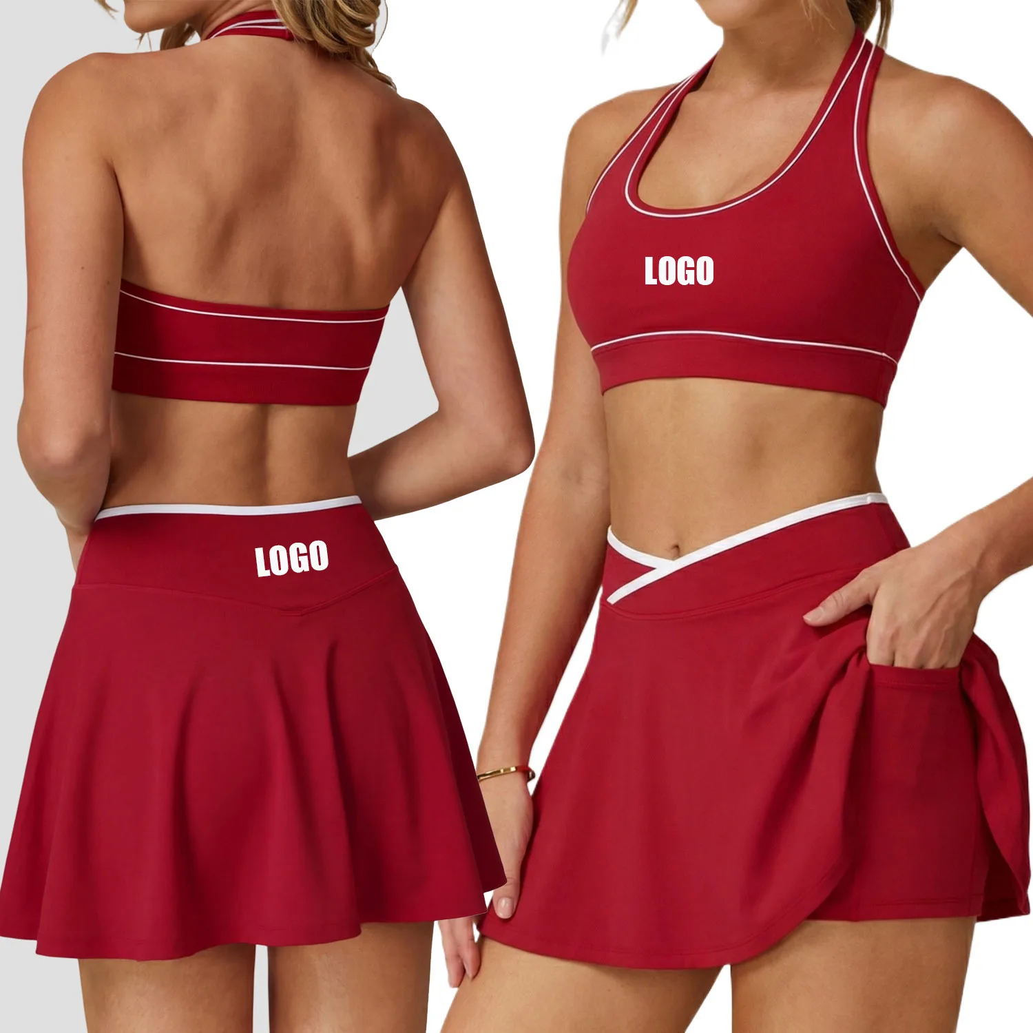 Custom LOGO women's contrasting color U-shaped beauty back bra pocket skirt sports running cycling yoga suit two-piece set
Custom LOGO women's contrasting color U-shaped beauty back bra pocket skirt sports running cycling yoga suit two-piece set