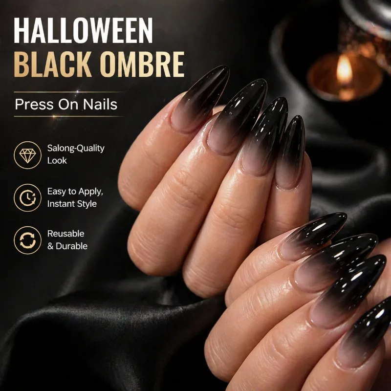 Black French Gradient Press on Nails Spooky Halloween Themed Design Classic Almond Silhouette Elegant European Vibe Sturdy
Black French Gradient Press on Nails Spooky Halloween Themed Design Classic Almond Silhouette Elegant European Vibe Sturdy