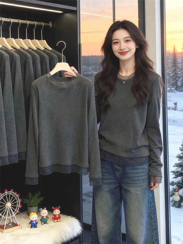 Gray Mesh Splice Long Sleeve T-Shirt Women's Spring 2026 Loose Fit Lazy Style Top Korean Style Fake Two-Piece round Neck
Gray Mesh Splice Long Sleeve T-Shirt Women's Spring 2026 Loose Fit Lazy Style Top Korean Style Fake Two-Piece round Neck