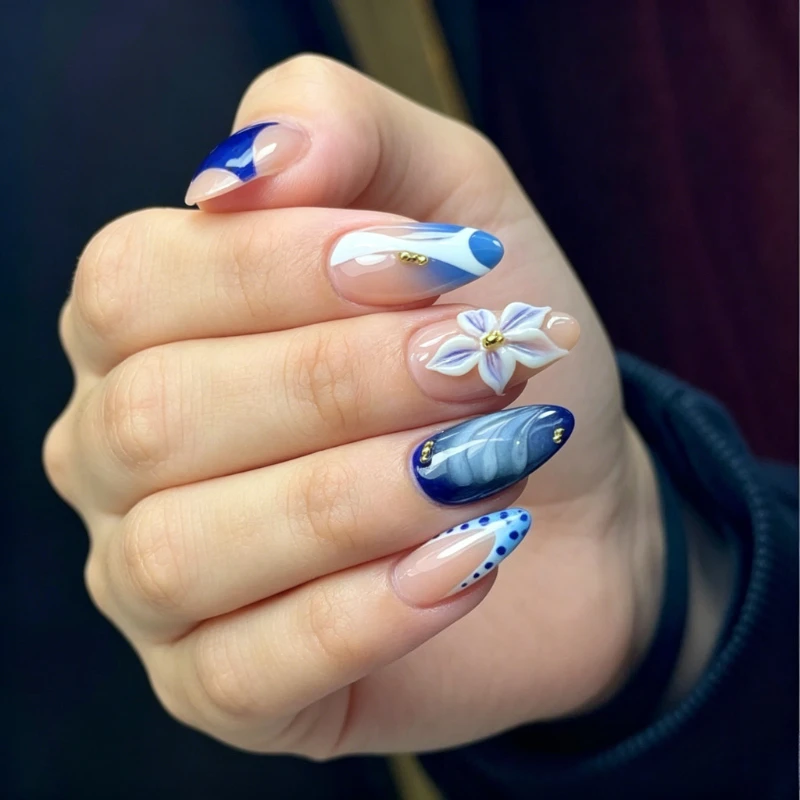24PCS Blue Ocean French Press on Nails 3D Flower False Nails with Gold Bead and Polka Dot Decor Almond Shaped Acrylic Nail Tips
24PCS Blue Ocean French Press on Nails 3D Flower False Nails with Gold Bead and Polka Dot Decor Almond Shaped Acrylic Nail Tips