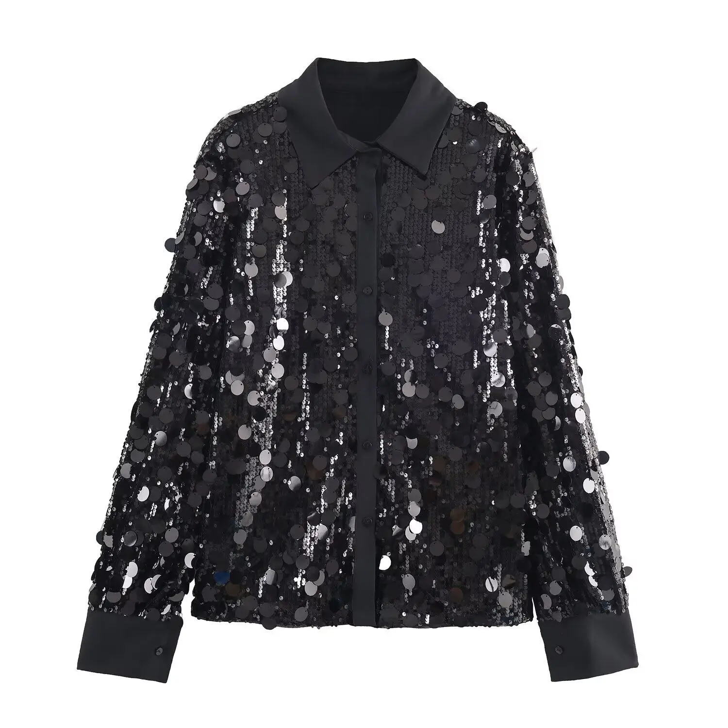 Black Sequined Women' Shirt 2026 Spring European Style Single Breasted Long Sleeve Coats Casual Loose Lapel Breathable Tops
Black Sequined Women' Shirt 2026 Spring European Style Single Breasted Long Sleeve Coats Casual Loose Lapel Breathable Tops