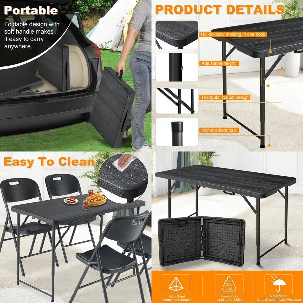 Portable Adjustable Height Folding Table, Durable HDPE & Steel, Lightweight, Indoor/Outdoor Multi-Purpose, Black Woodgrain Desig
Portable Adjustable Height Folding Table, Durable HDPE & Steel, Lightweight, Indoor/Outdoor Multi-Purpose, Black Woodgrain Desig