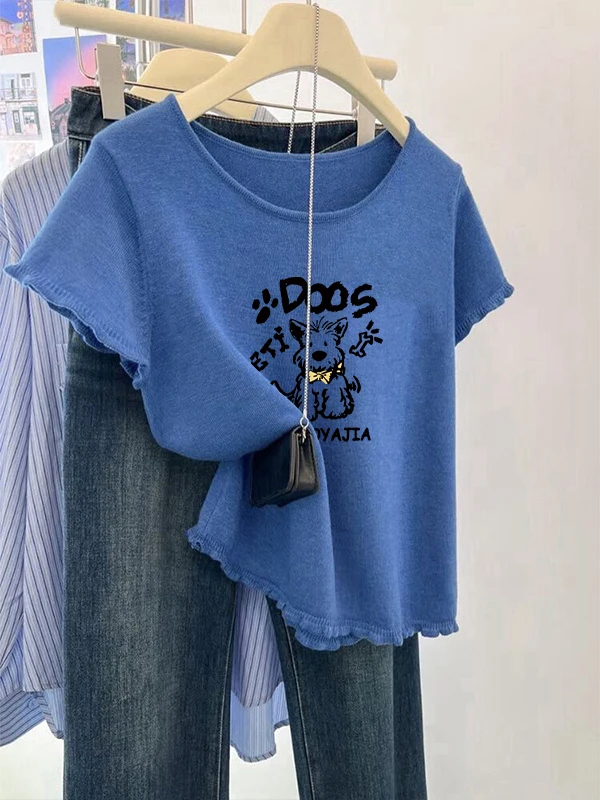 Spring Summer Knitted Blue Dog Fun T-Shirt Women's High Waist Casual Style Polyester Fiber Breathable Sweat Absorbent round Neck
Spring Summer Knitted Blue Dog Fun T-Shirt Women's High Waist Casual Style Polyester Fiber Breathable Sweat Absorbent round Neck