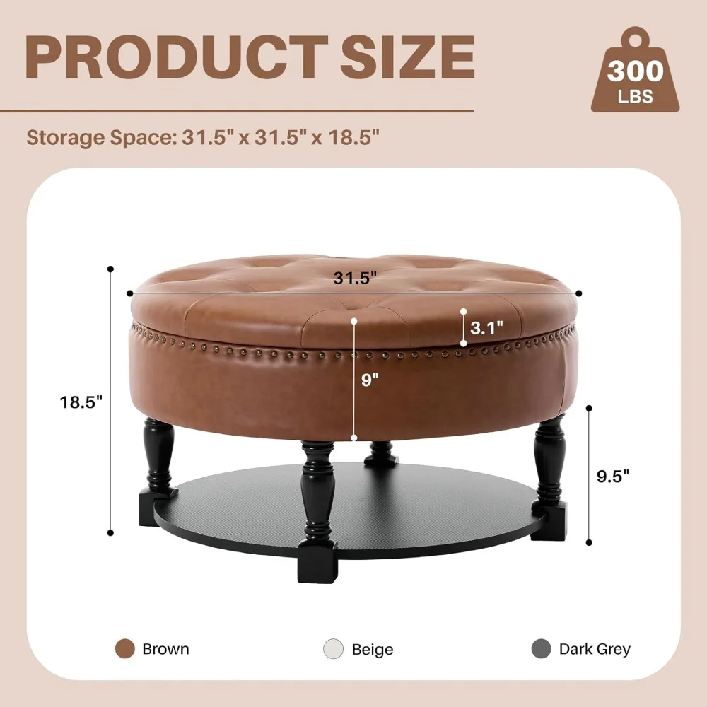 31.5" Large Round Storage Ottoman, Upholstered Tufted PU Ottoman Coffee Table, with Solid Wooden Legs and Wood, Customized
31.5" Large Round Storage Ottoman, Upholstered Tufted PU Ottoman Coffee Table, with Solid Wooden Legs and Wood, Customized