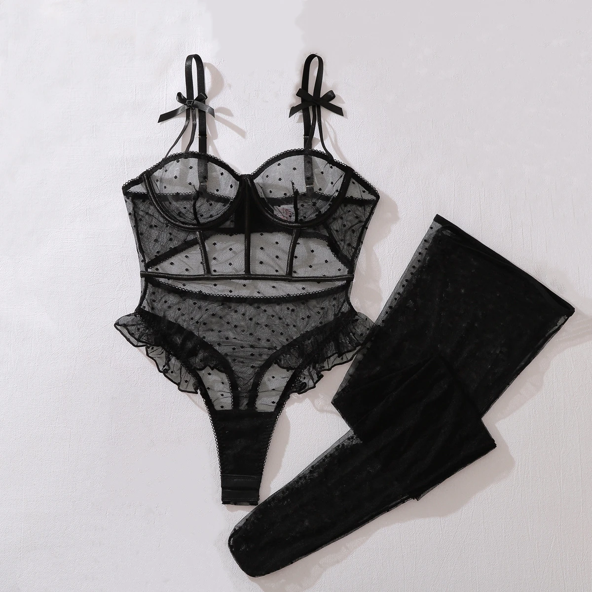 2026 Sweet Bow Decorated Sheer Polka Dot Netting Bodysuit Women's Sexy See Through Jumpsuit Female Exotic Shapewear with Socks
2026 Sweet Bow Decorated Sheer Polka Dot Netting Bodysuit Women's Sexy See Through Jumpsuit Female Exotic Shapewear with Socks