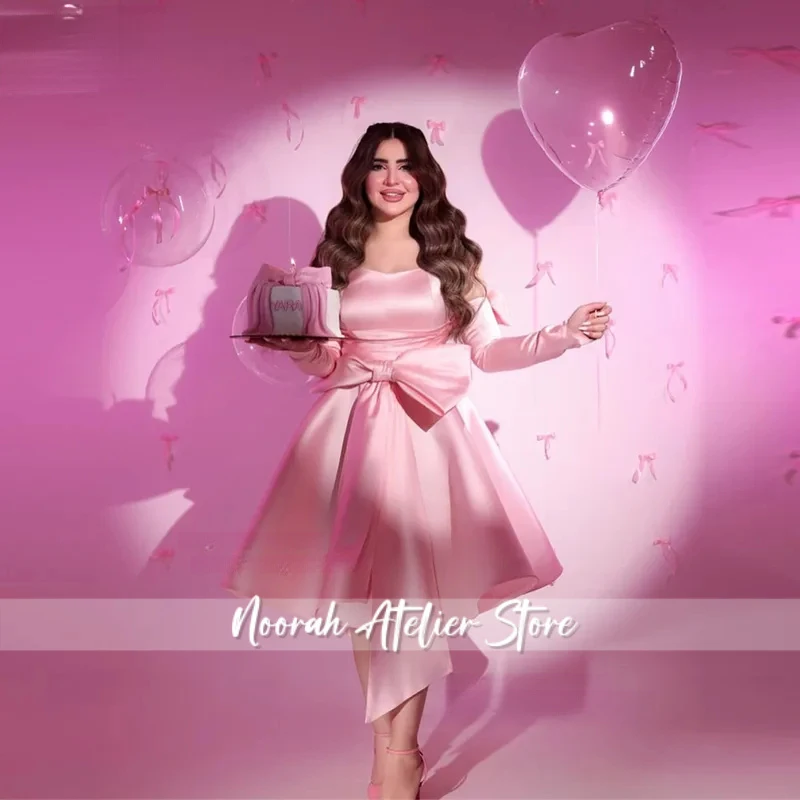 Simple Pink Satin Evening Dresses Bow A-Line Long Sleeves Formal Dubai Prom Gowns Birthday Party Gowns Women Customized
Simple Pink Satin Evening Dresses Bow A-Line Long Sleeves Formal Dubai Prom Gowns Birthday Party Gowns Women Customized