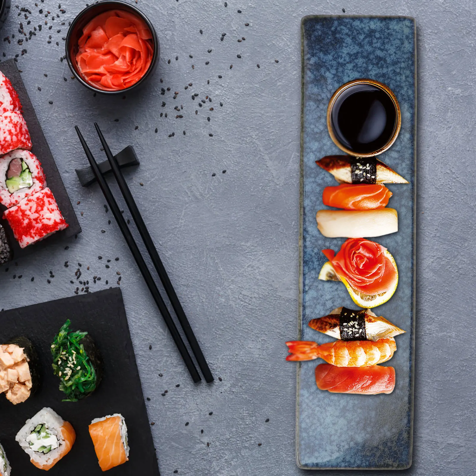 Ceramic Sushi Plate Long Strip Light Blue Serving Tray for Dumplings Sushi Snack Restaurants Homes Ceramic Plates 
Ceramic Sushi Plate Long Strip Light Blue Serving Tray for Dumplings Sushi Snack Restaurants Homes Ceramic Plates