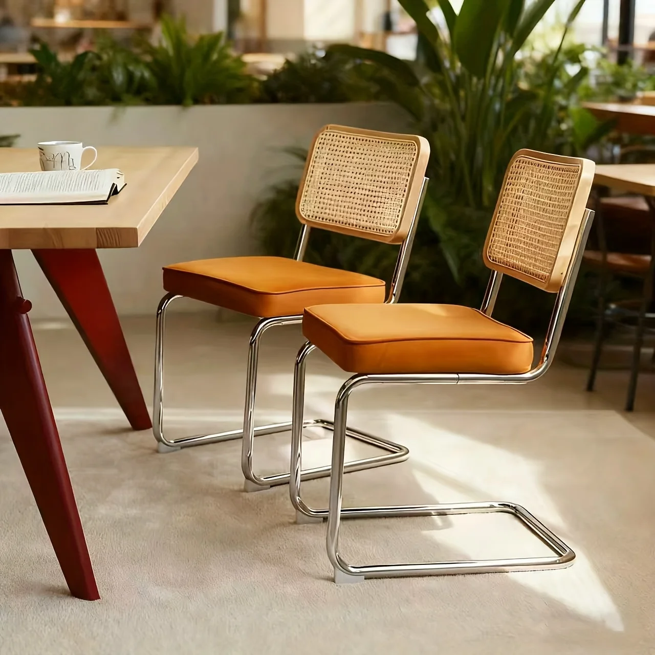 Modern Medieval Bühler Style Dining Chair Set - Faux leather upholstery and rattan backrest, orange accents
Modern Medieval Bühler Style Dining Chair Set - Faux leather upholstery and rattan backrest, orange accents