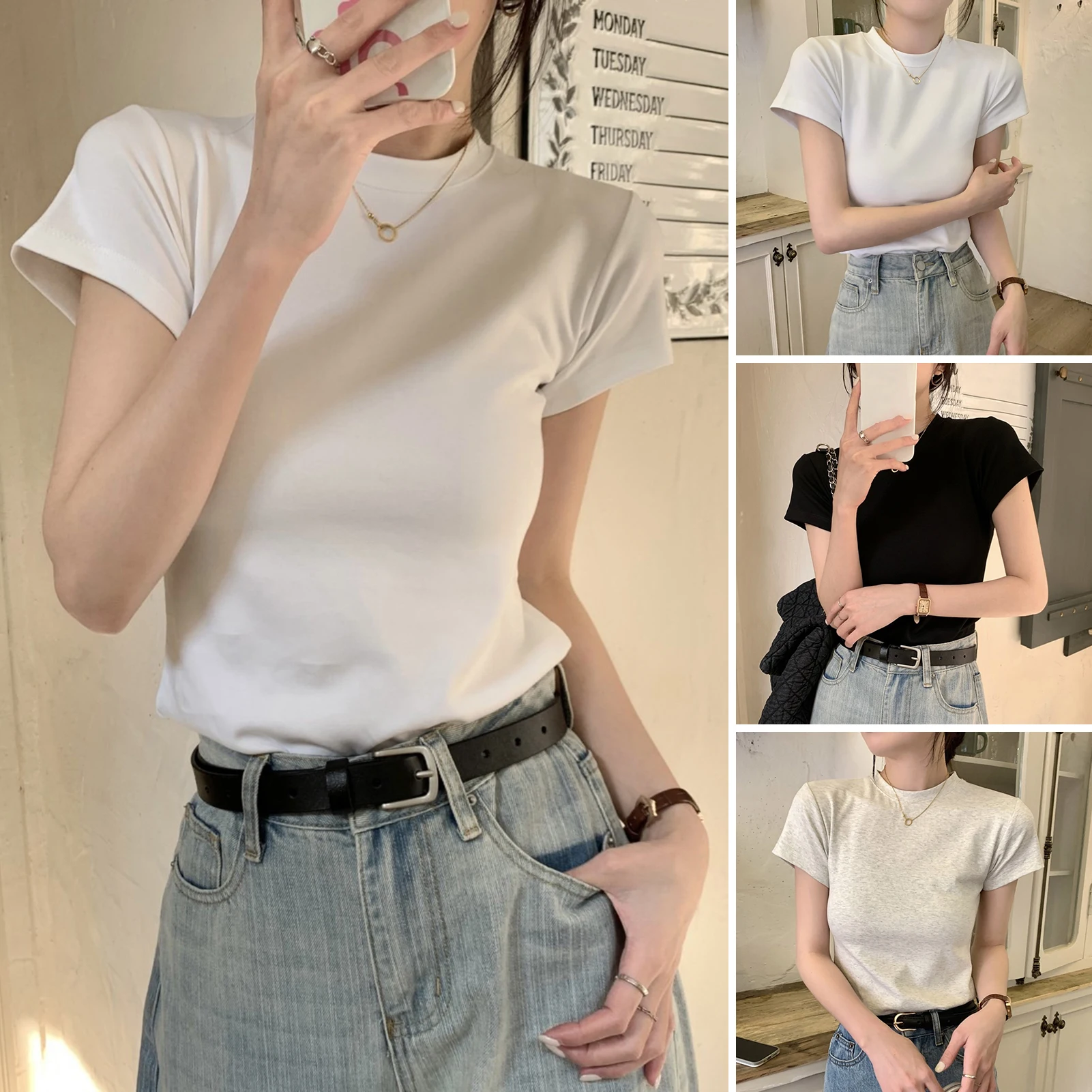 Women Casual Short Sleeve T-Shirts Spring Autumn Solid Slim Fit Pullovers Tees Shirts Female Streetwear Base Tees Lady Tops
Women Casual Short Sleeve T-Shirts Spring Autumn Solid Slim Fit Pullovers Tees Shirts Female Streetwear Base Tees Lady Tops