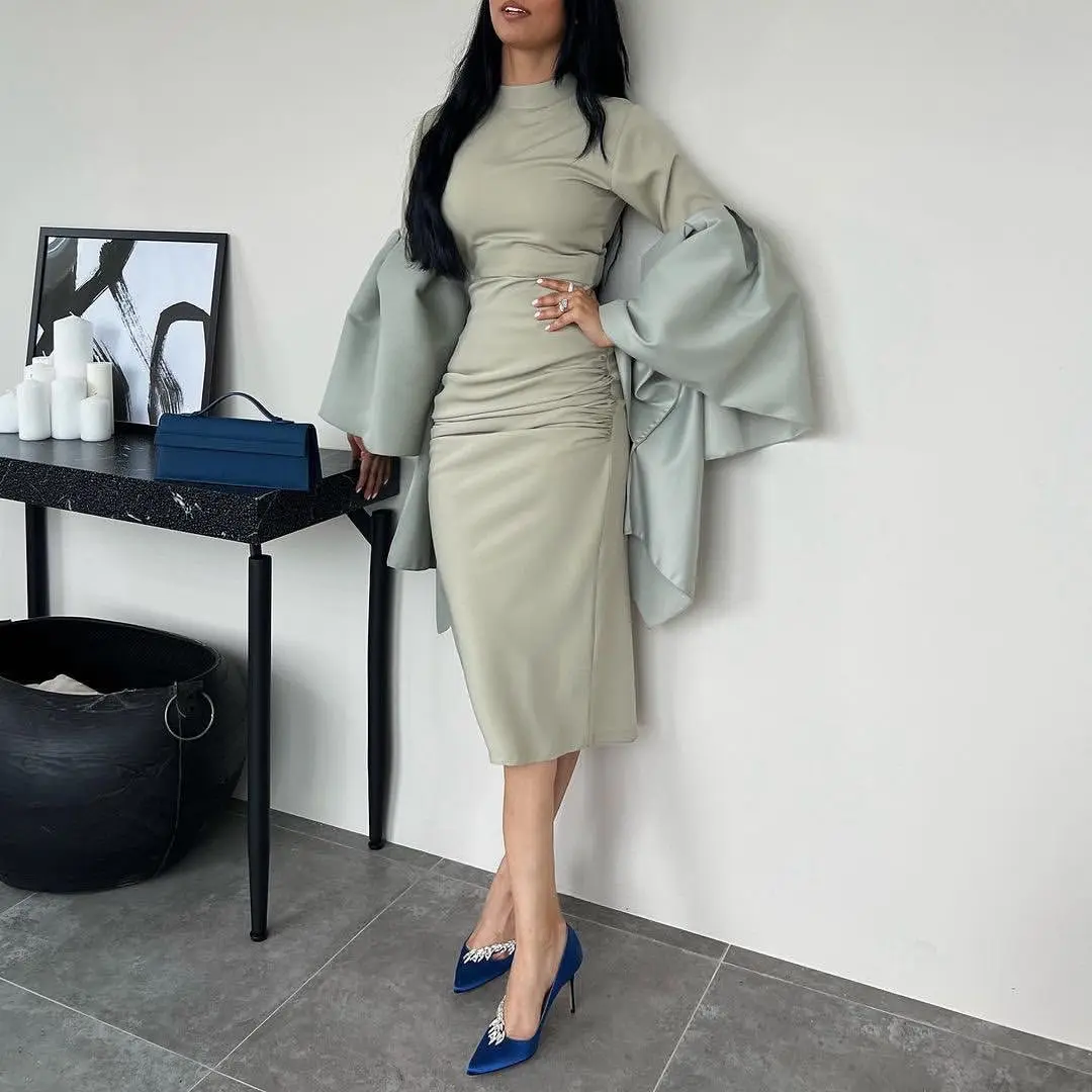 Tea Length High Collar Prom Dresses Long Sleeves Mermaid Evening Dress 2023 Saudi Arabia Women's Formal Request Party Wedding
Tea Length High Collar Prom Dresses Long Sleeves Mermaid Evening Dress 2023 Saudi Arabia Women's Formal Request Party Wedding