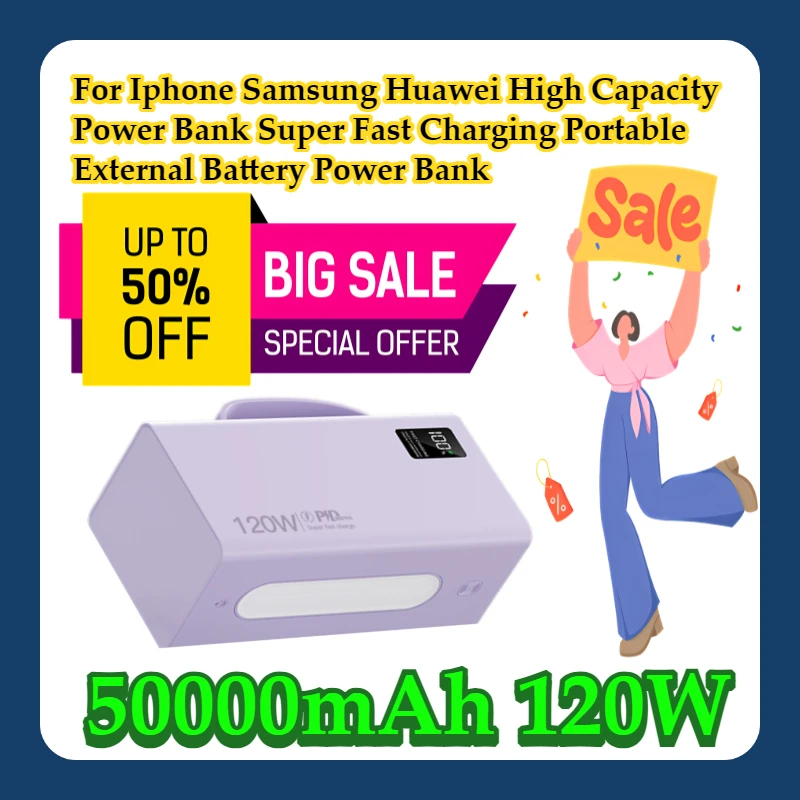 For Iphone Samsung Huawei 50000mAh 120W High Capacity Power Bank Super Fast Charging Portable External Battery Power Bank
For Iphone Samsung Huawei 50000mAh 120W High Capacity Power Bank Super Fast Charging Portable External Battery Power Bank