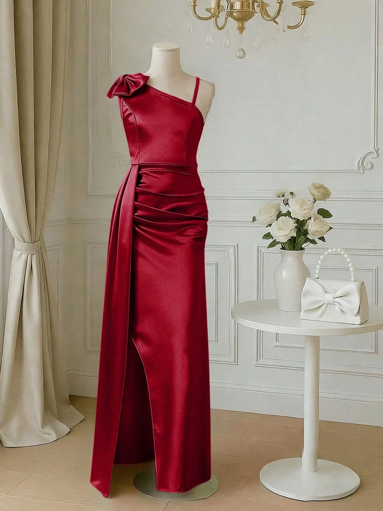 Burgundy Satin One Shoulder Bow Evening Gown With Side Slit
Burgundy Satin One Shoulder Bow Evening Gown With Side Slit