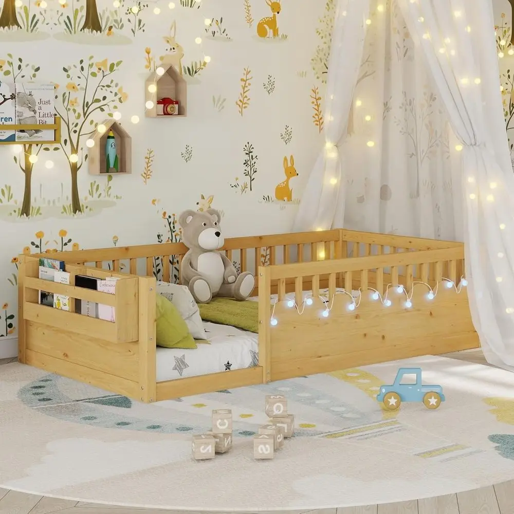 Twin Montessori Floor Bed with High Rails, LED Lights, Storage, and Wider Gate for Kids' Safety and Play
Twin Montessori Floor Bed with High Rails, LED Lights, Storage, and Wider Gate for Kids' Safety and Play