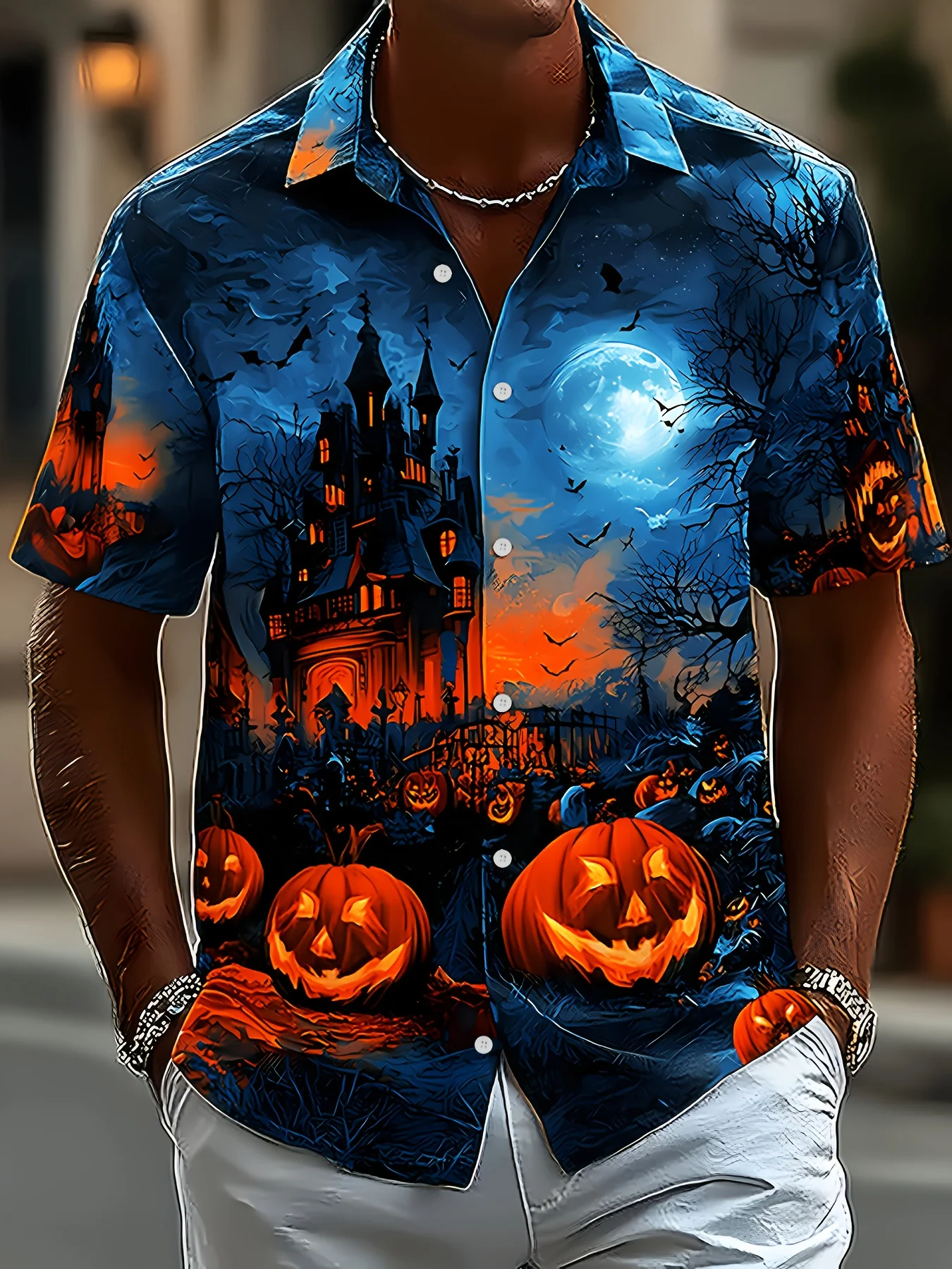 Halloween-Themed Short-Sleeve Shirt: A collared, short-sleeve design perfect for everyday wear and special events.
Halloween-Themed Short-Sleeve Shirt: A collared, short-sleeve design perfect for everyday wear and special events.