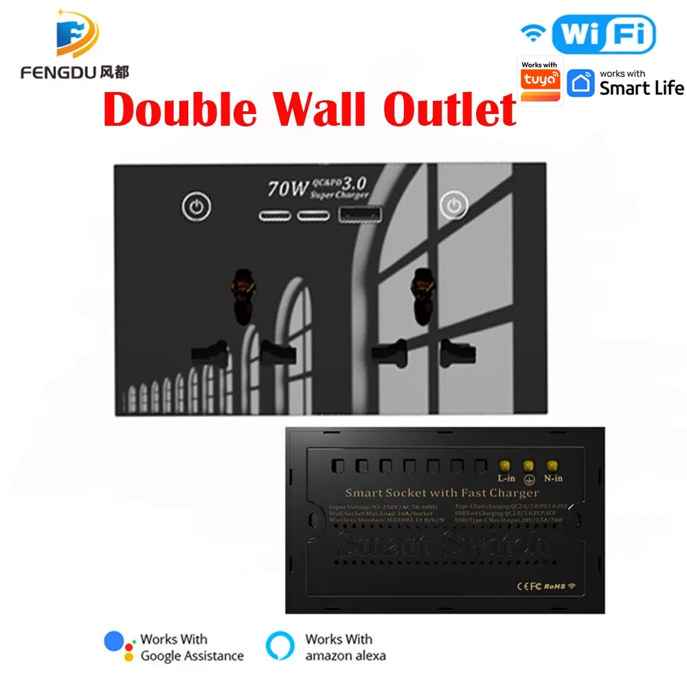 Tuya Smart Home Wifi Wall Socket Crystal Glass Panel Double Universal Outlet USB Touch Switch Compatible Alexa and Google
Tuya Smart Home Wifi Wall Socket Crystal Glass Panel Double Universal Outlet USB Touch Switch Compatible Alexa and Google