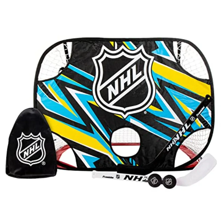 mini hockey goal set for indoor knee hockey: pop-up nylon goal with shooting target, 2 foam balls and 2 lightweight plastic sti
mini hockey goal set for indoor knee hockey: pop-up nylon goal with shooting target, 2 foam balls and 2 lightweight plastic sti