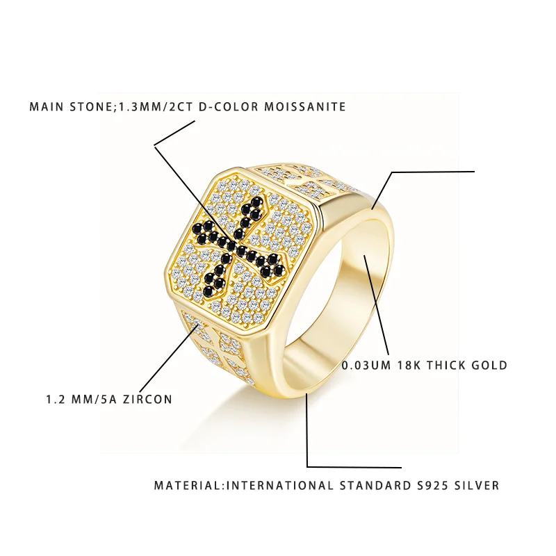 Luxury Cross Men Ring: S925 Silver Base 0.03UM 18K Gold Plated with 2CT Moissanite & Black Zircon for Daily/Party Wear
Luxury Cross Men Ring: S925 Silver Base 0.03UM 18K Gold Plated with 2CT Moissanite & Black Zircon for Daily/Party Wear