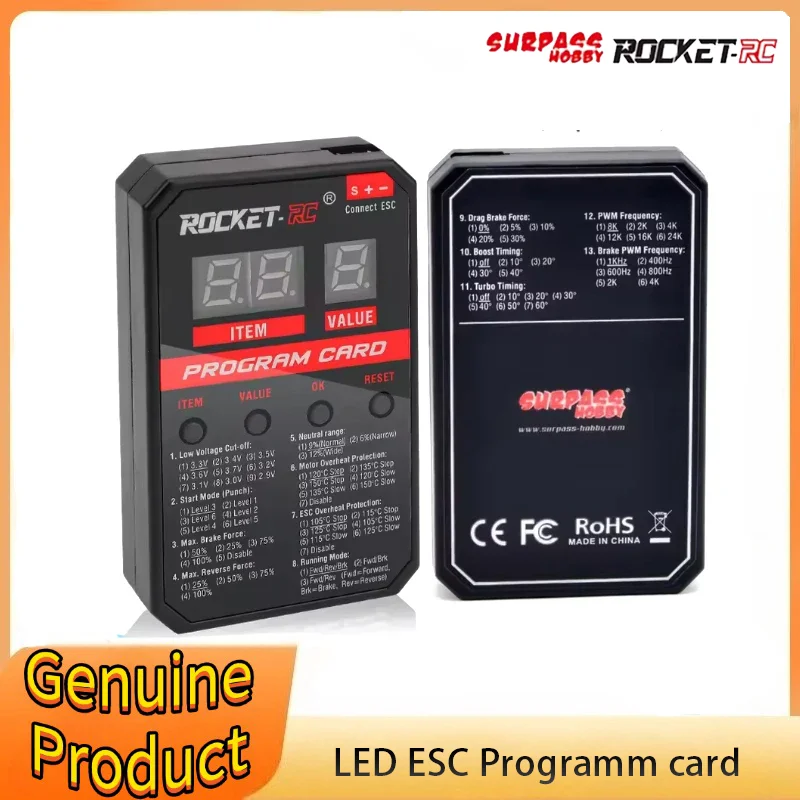 Surpass Hobby ROCKET-Upgraded RC LED Programming Card for Surpass RC Car 45A/60A/80A/120A/150A Brushless ESC
Surpass Hobby ROCKET-Upgraded RC LED Programming Card for Surpass RC Car 45A/60A/80A/120A/150A Brushless ESC