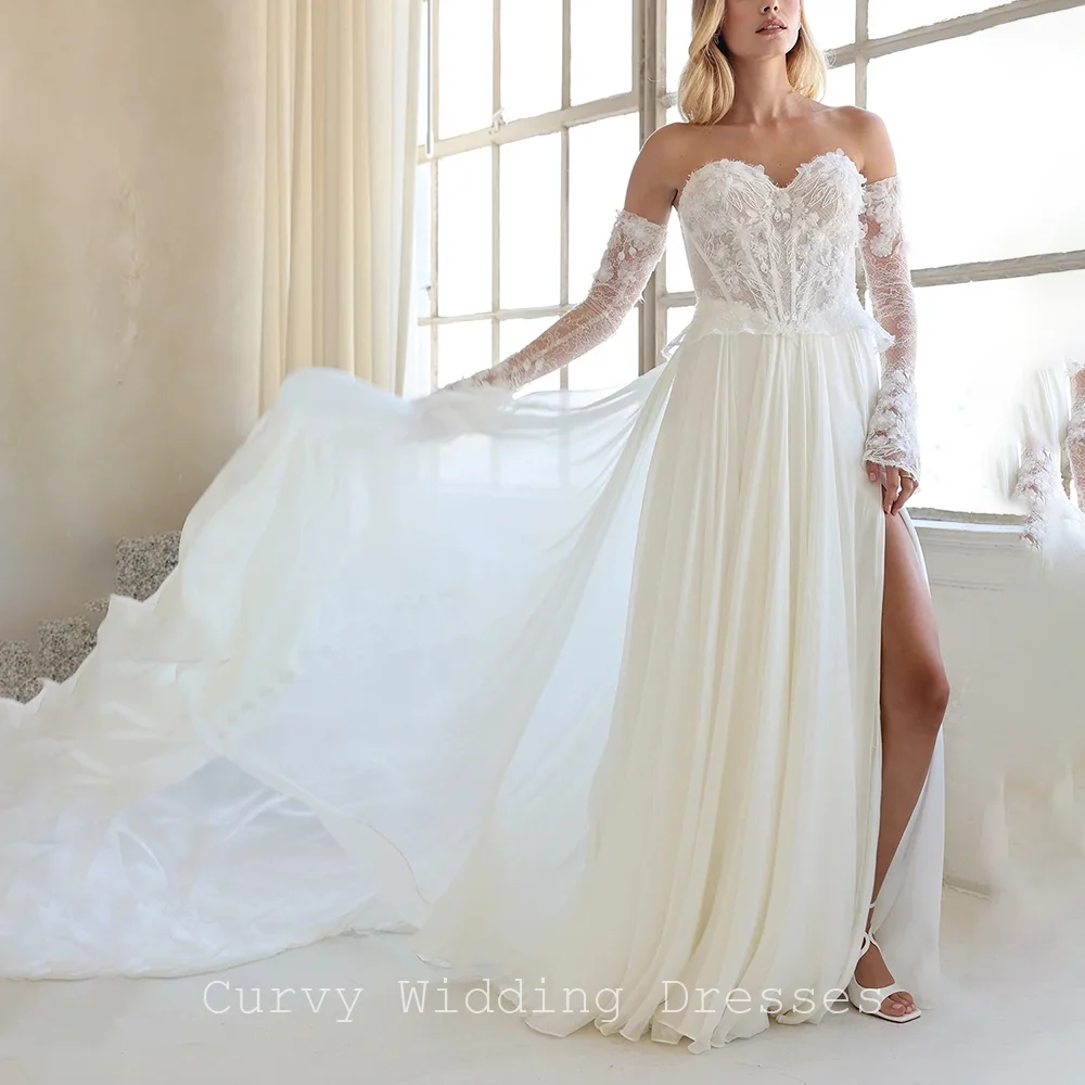 Curvy Romantic Boho Strapless Lace Illusion Corset A-Line Wedding Dresses for Women Detachable Long Sleeves Lace Up Customized
Curvy Romantic Boho Strapless Lace Illusion Corset A-Line Wedding Dresses for Women Detachable Long Sleeves Lace Up Customized