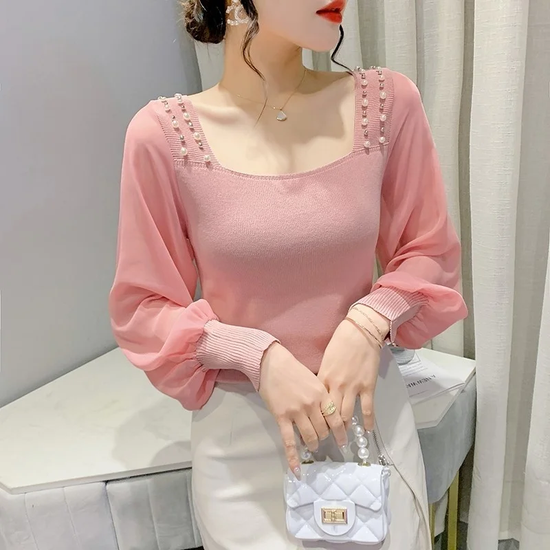#8150 Chiffon Long Sleeve Pullover Sweater Women Knitwear Square Collar Pearls Sexy Skinny Knitted Sweater Female Thin Spring
#8150 Chiffon Long Sleeve Pullover Sweater Women Knitwear Square Collar Pearls Sexy Skinny Knitted Sweater Female Thin Spring