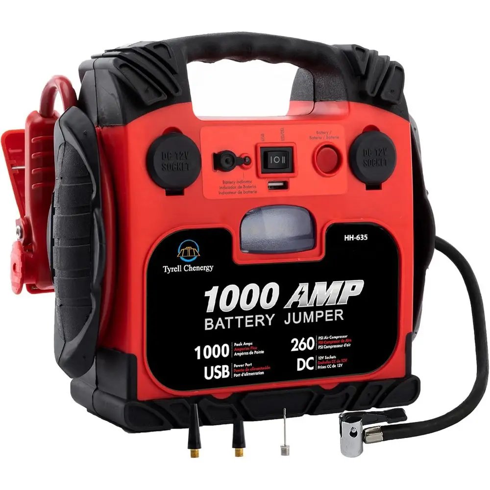 Portable Jump Starter with Air Compressor, 260PSI Tire Inflator, 1000Amp 12V Power Station, USB & LED Light
Portable Jump Starter with Air Compressor, 260PSI Tire Inflator, 1000Amp 12V Power Station, USB & LED Light