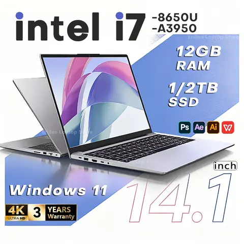 14.1' Dizüstü Bilgisayar PC Intel Core I7 8650U Atom 3950 Ultra İnce Notebook 12GB RAM 1TB 2TB SSD Ofis Çalışma Windows 11 1920*1080