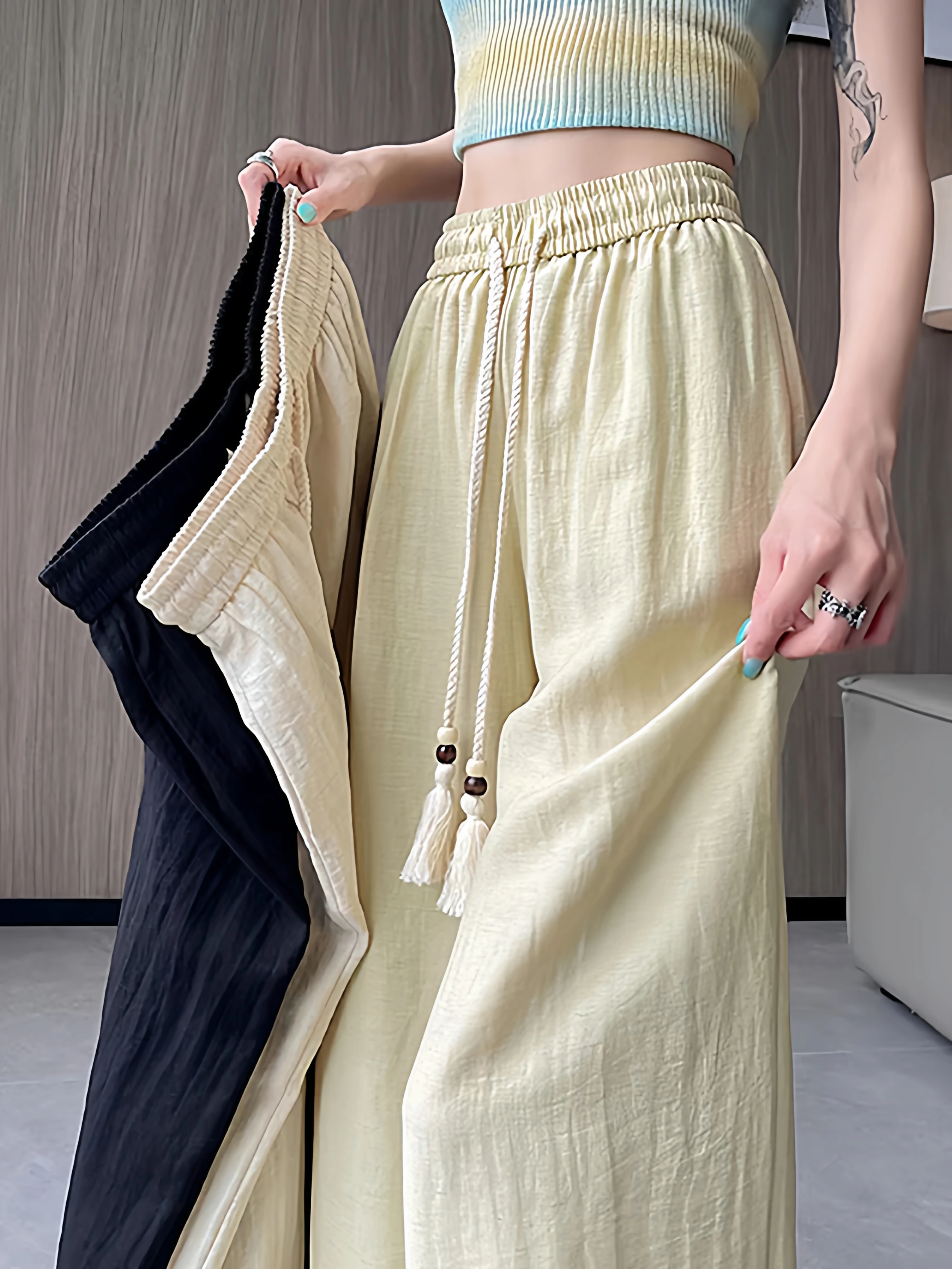 Casual Ice Silk Linen Wide Leg Pants Women Summer Thin Large Size Small Tassel Casual Nine Points Pants High Waist Loose Fit
Casual Ice Silk Linen Wide Leg Pants Women Summer Thin Large Size Small Tassel Casual Nine Points Pants High Waist Loose Fit