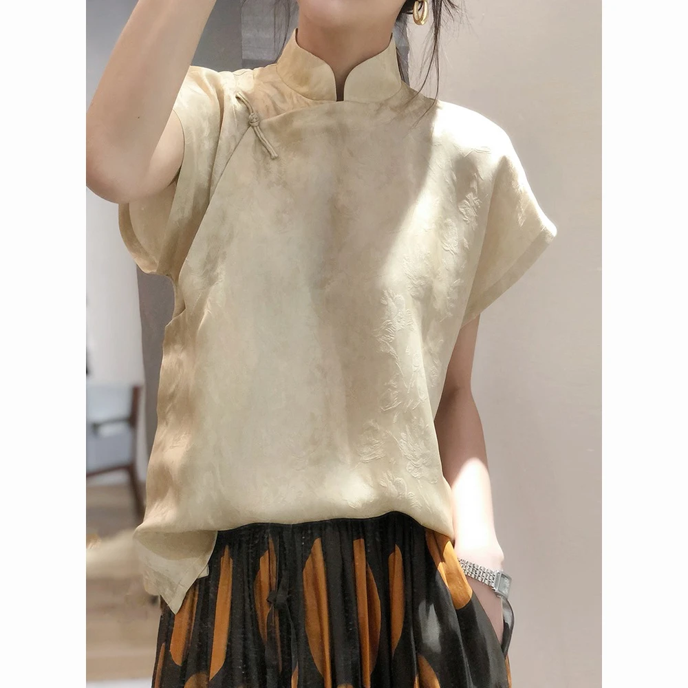 2025 chinese style linen jacquard qipao collar champagne color elegant short sleeves blouse for women girl
2025 chinese style linen jacquard qipao collar champagne color elegant short sleeves blouse for women girl