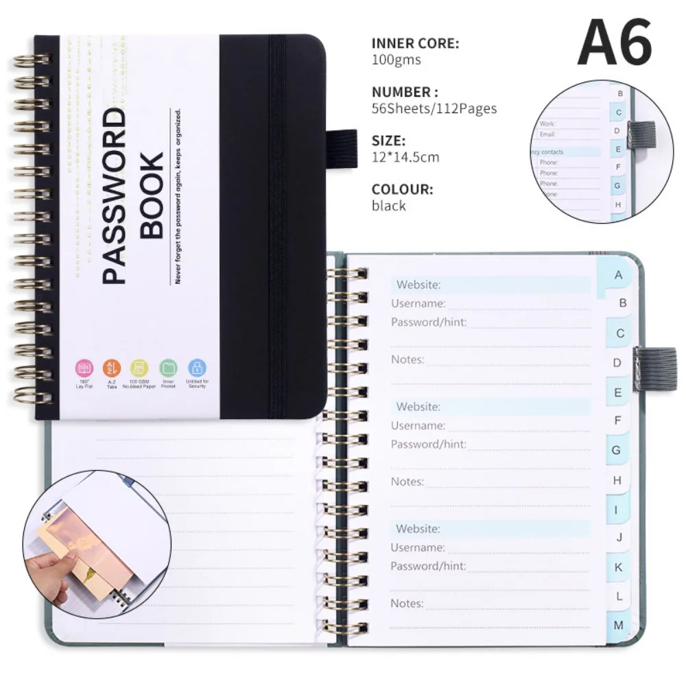 With Alphabetical Tabs Pocket Password Keeper Book A6/B6 Size with Penholder Password Keeper Notebook Coil Book
With Alphabetical Tabs Pocket Password Keeper Book A6/B6 Size with Penholder Password Keeper Notebook Coil Book