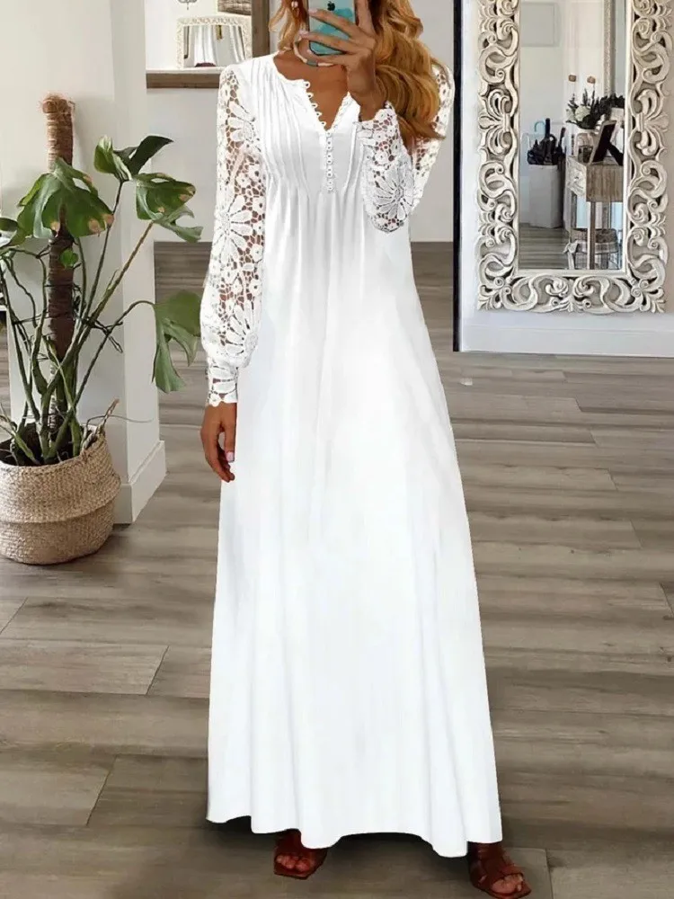 Women Elegant White Long Dress Spring Autumn Sexy Lace V Neck Buttons Long Sleeve Floral print Party Maxi Dresses Robe Femme 
Women Elegant White Long Dress Spring Autumn Sexy Lace V Neck Buttons Long Sleeve Floral print Party Maxi Dresses Robe Femme