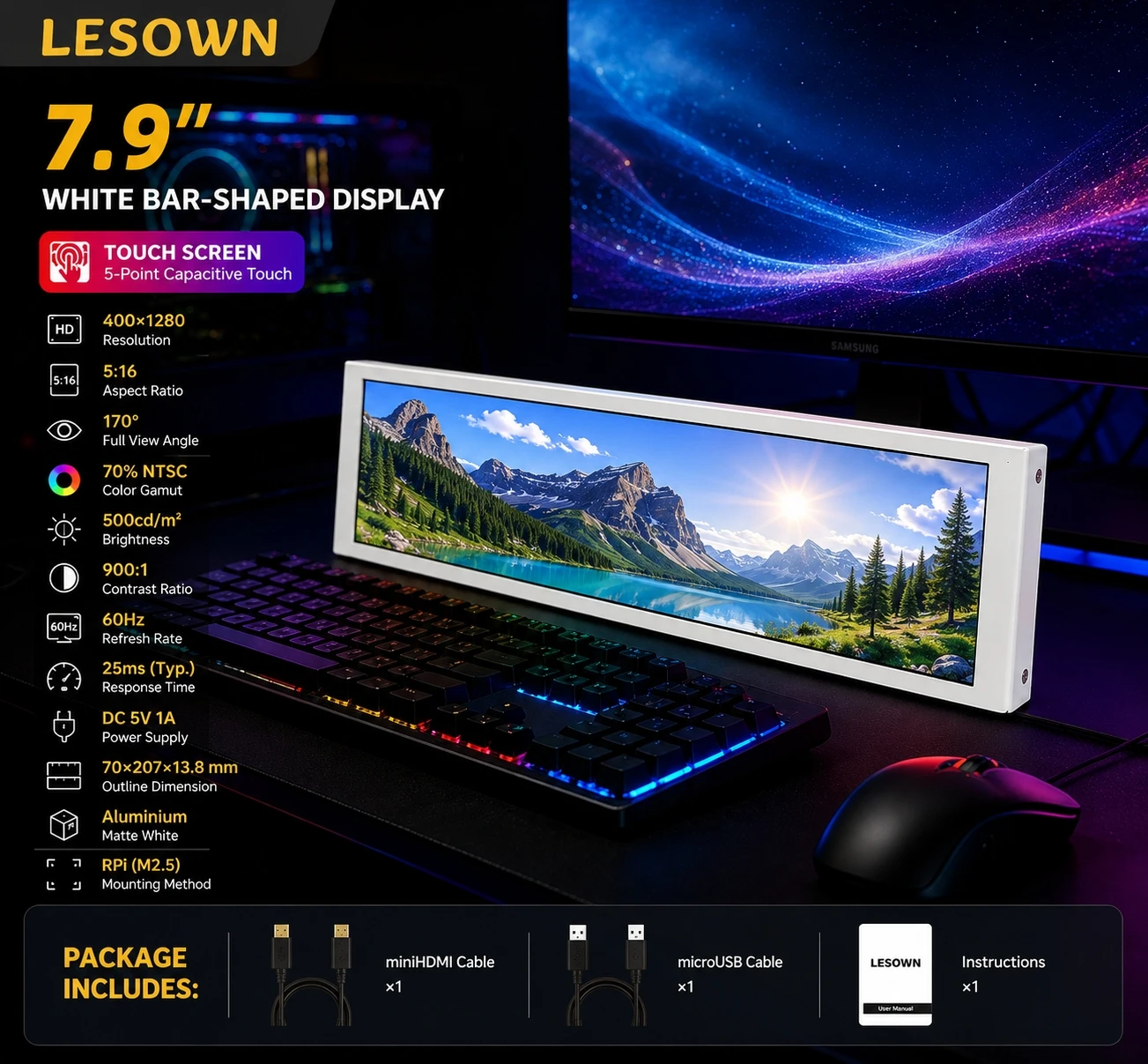 LESOWN Display Plug n Play Aluminium White 7.9" AIDA64 PC Case Sensor Panel miniHDTV 400x1280 60Hz
LESOWN Display Plug n Play Aluminium White 7.9" AIDA64 PC Case Sensor Panel miniHDTV 400x1280 60Hz