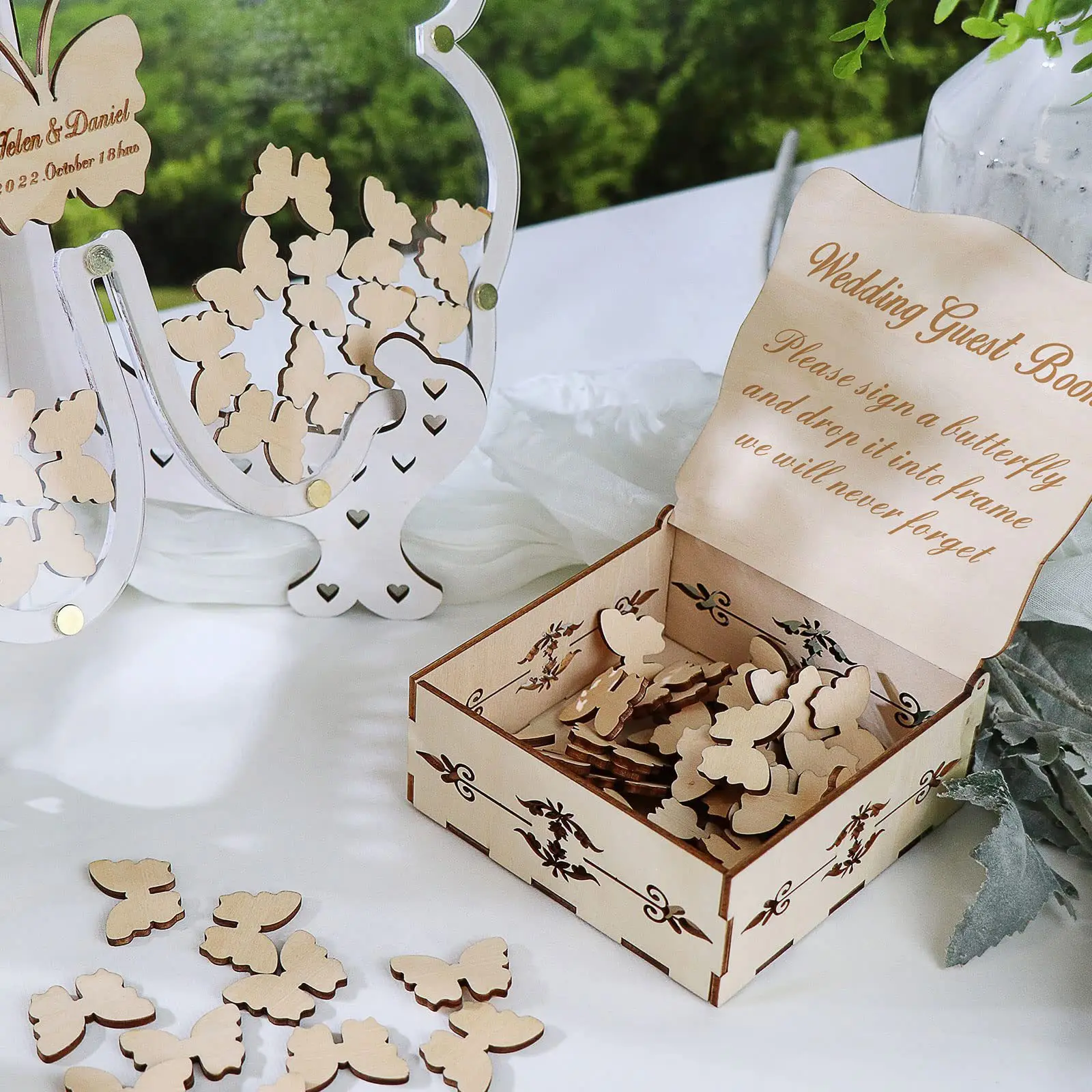 Wedding Reception Guest Book Table Set, Wooden Butterfly Cutout Sign In Stand With Acrylic Message Box For Venue Decor
Wedding Reception Guest Book Table Set, Wooden Butterfly Cutout Sign In Stand With Acrylic Message Box For Venue Decor