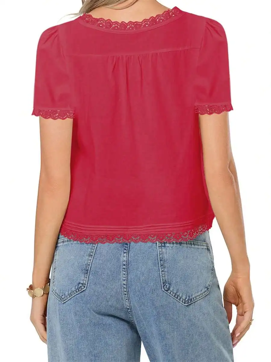 Women Short Sleeve Lace Trim Blouse Sheer Mesh Peplum Top Loose Fit Boho Summer
Women Short Sleeve Lace Trim Blouse Sheer Mesh Peplum Top Loose Fit Boho Summer