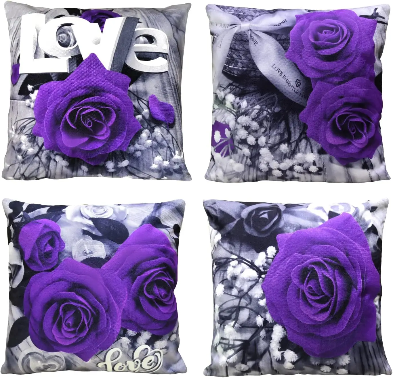 4Pcs Grey Tone Love Throw Pillow Covers with Multi-style Purple Rose Bouquet Pattern Cushion Cases for Study Lounge Hotel Decor
4Pcs Grey Tone Love Throw Pillow Covers with Multi-style Purple Rose Bouquet Pattern Cushion Cases for Study Lounge Hotel Decor