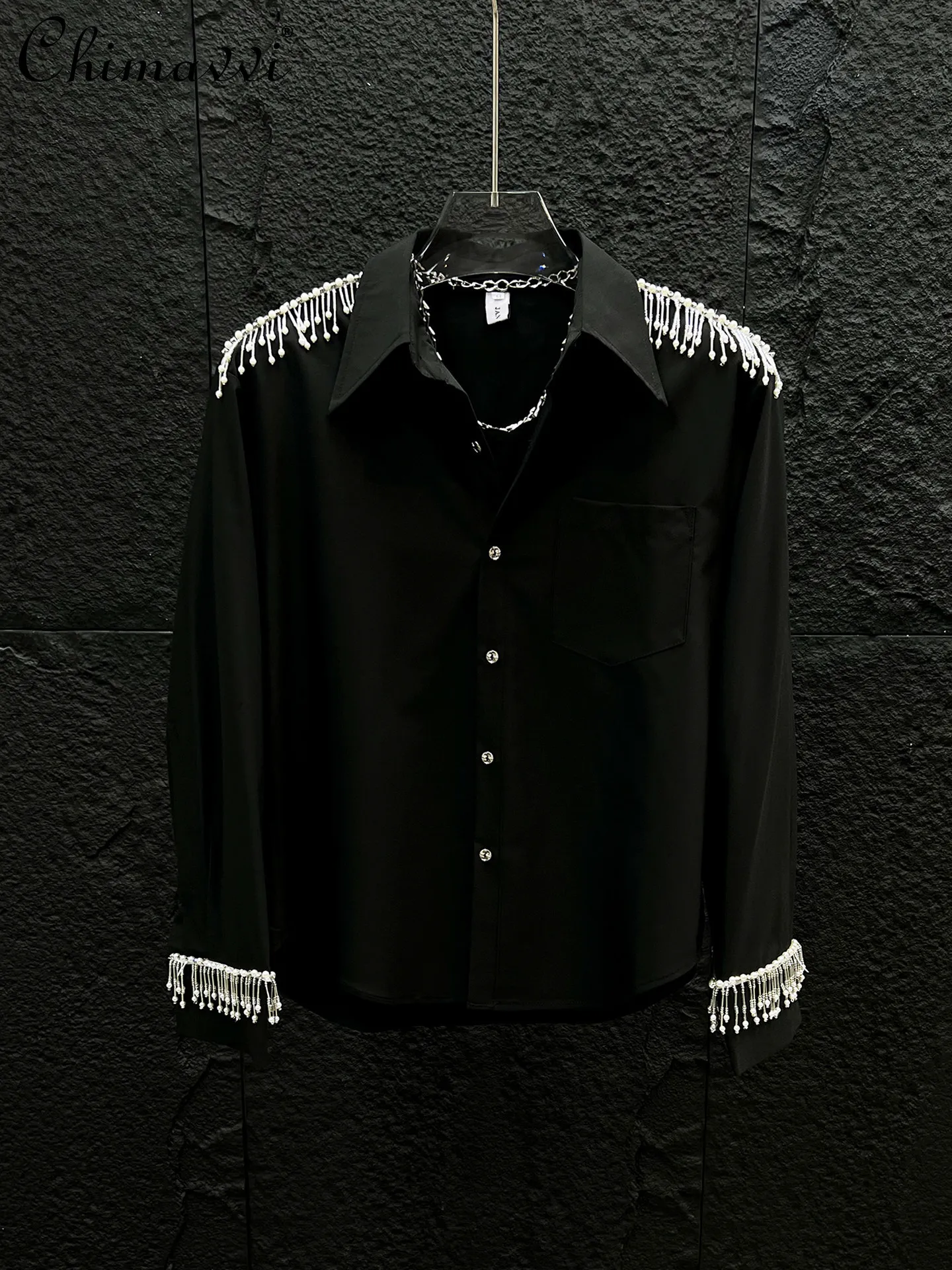 Heavy Pearl Tassel Right Shoulder Shirt Men 2026 Spring and Autumn New Korean Fashion Luxury Loose-fit Classy Shirt Tops
Heavy Pearl Tassel Right Shoulder Shirt Men 2026 Spring and Autumn New Korean Fashion Luxury Loose-fit Classy Shirt Tops